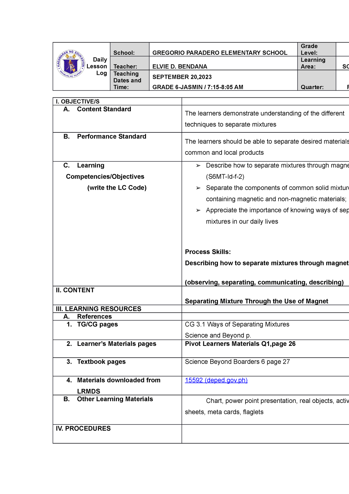 Q1COT) - cot 1 - Daily Lesson Log School: GREGORIO PARADERO ELEMENTARY ...