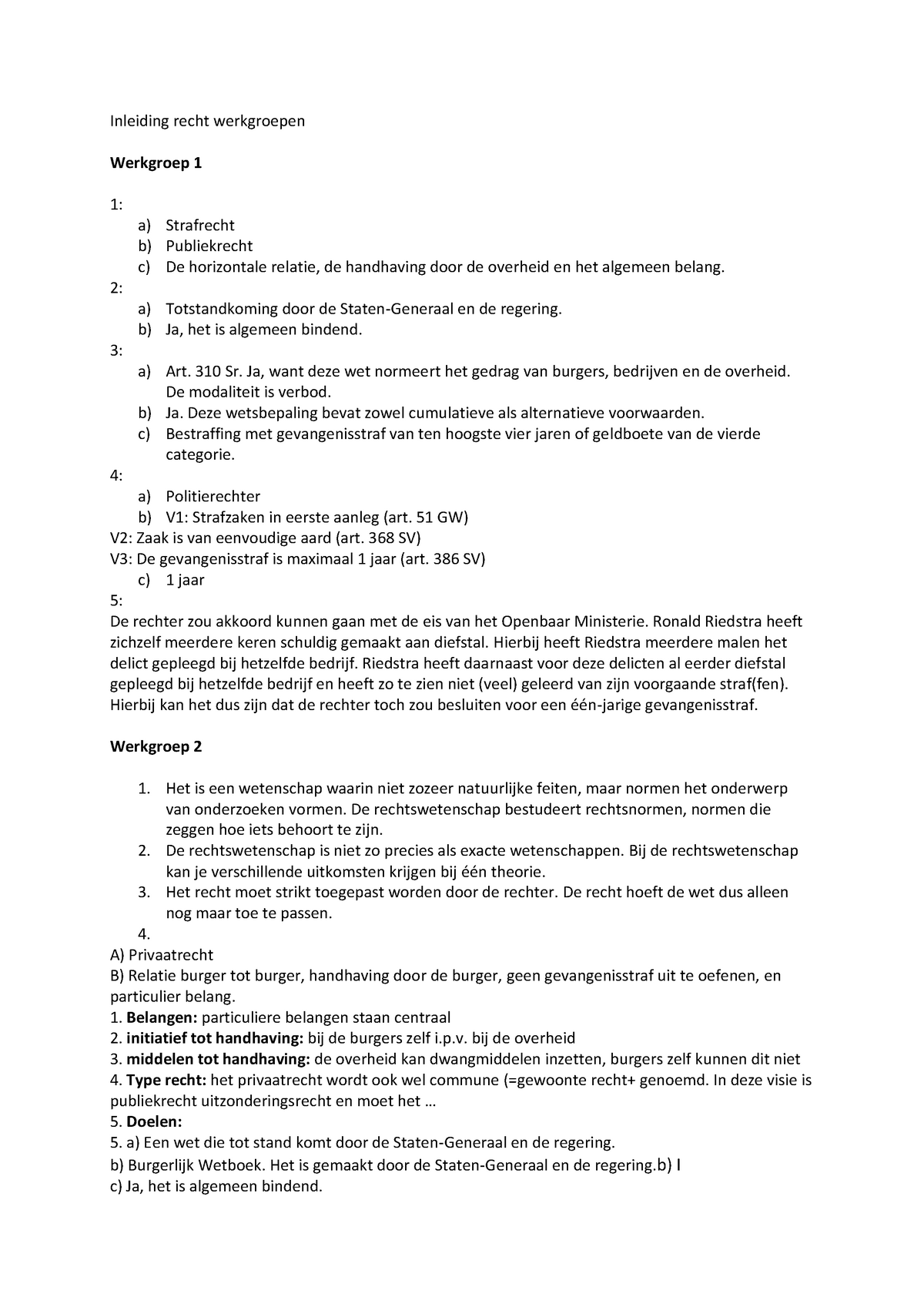 Inleiding Recht Werkgroepen - Inleiding Recht (LAW) - Studeersnel