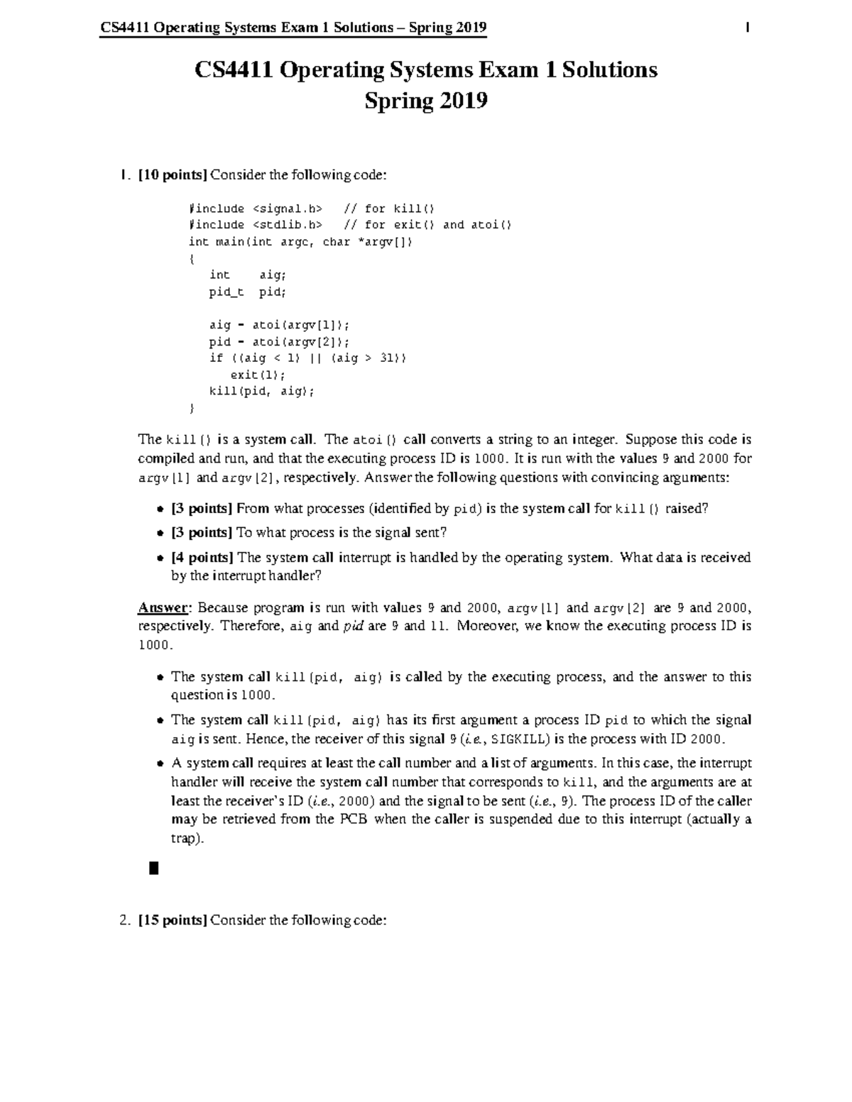 Sol1-2019-Spring - Lecture notes 1 - CS4411 Operating Systems Exam 1 ...