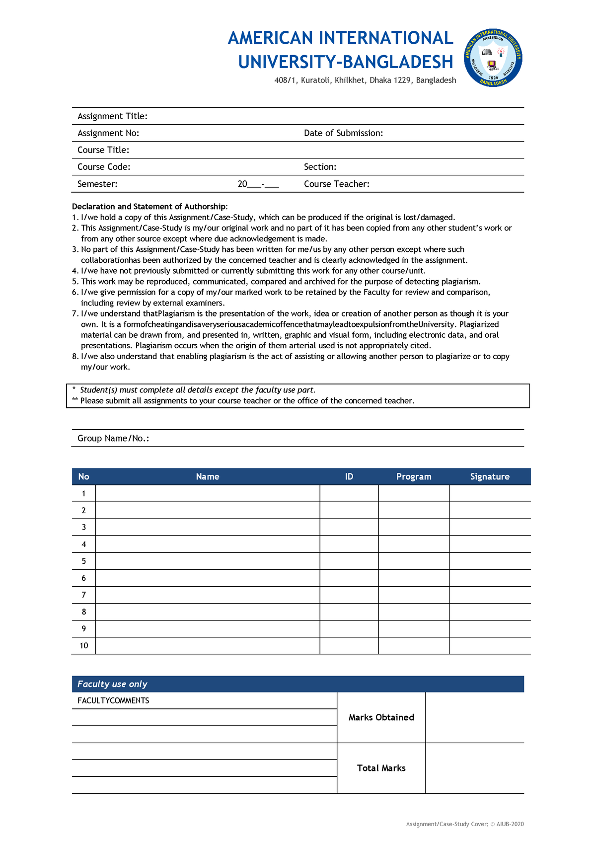 aiub assignment cover page pdf