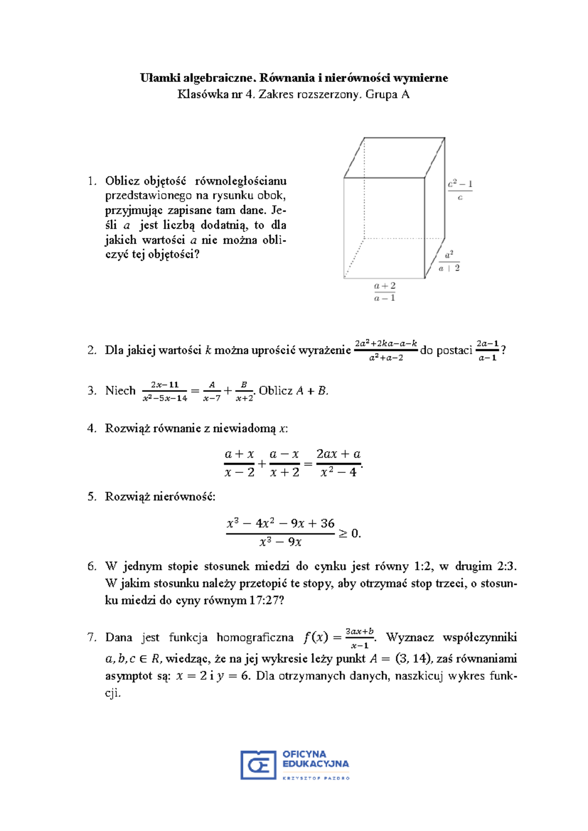 Nr 6 - 1e4e - Ułamki algebraiczne. Równania i nierówności wymierne