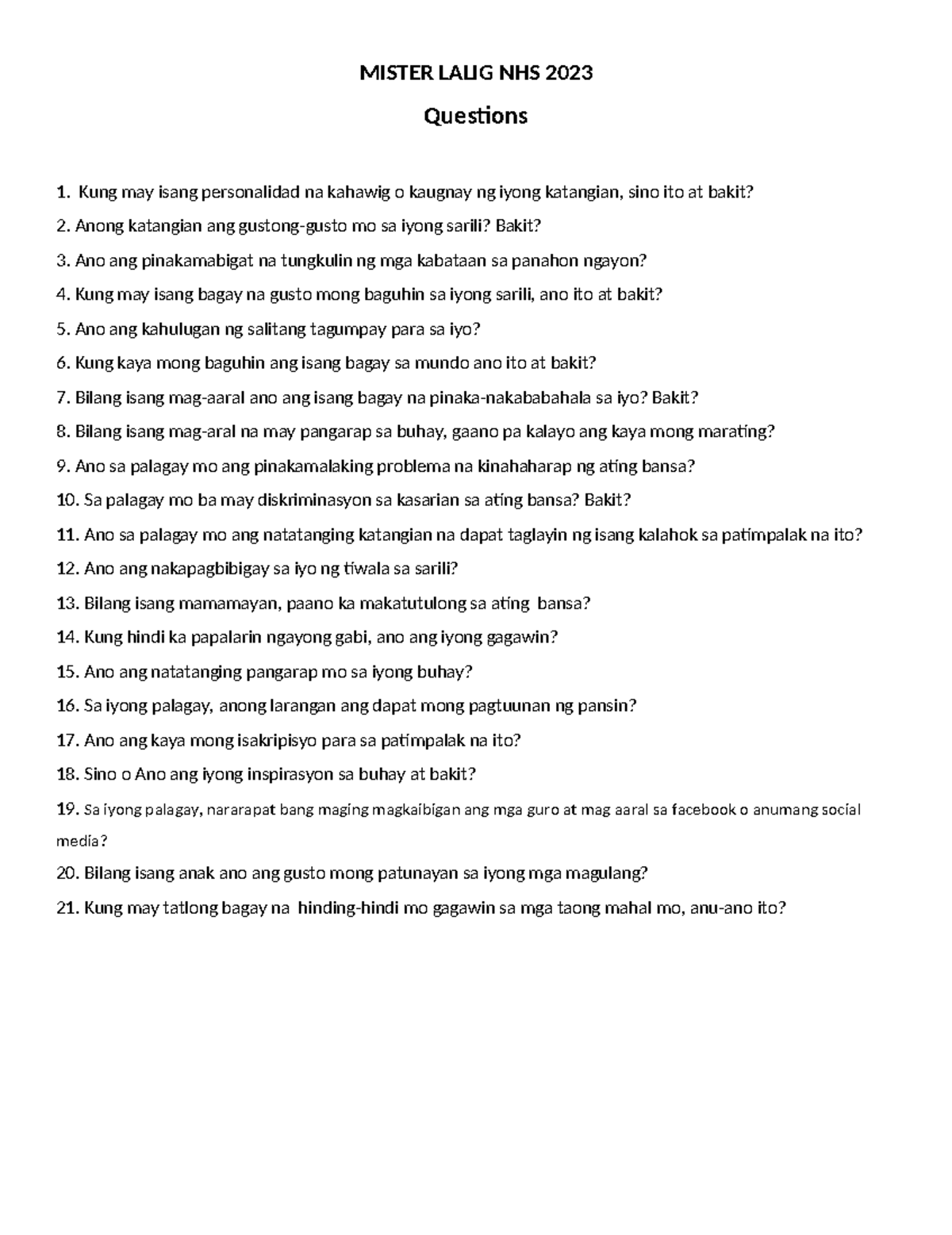 Questionnaire for Mr. and Ms. Q. A - MISTER LALIG NHS 2023 Questions 1 ...