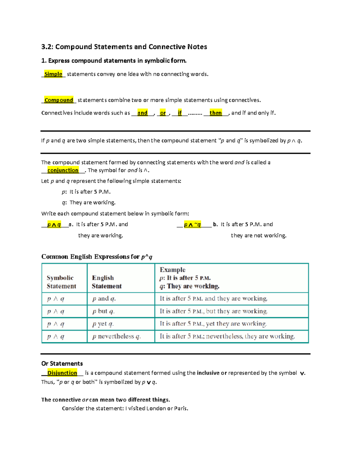 3.2 Notes - 3: Compound Statements And Connective Notes 1. Express 