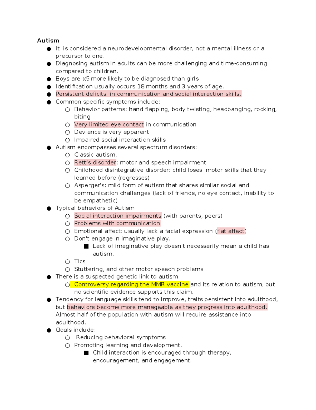 Autism Lecture Summary - Autism It is considered a neurodevelopmental ...