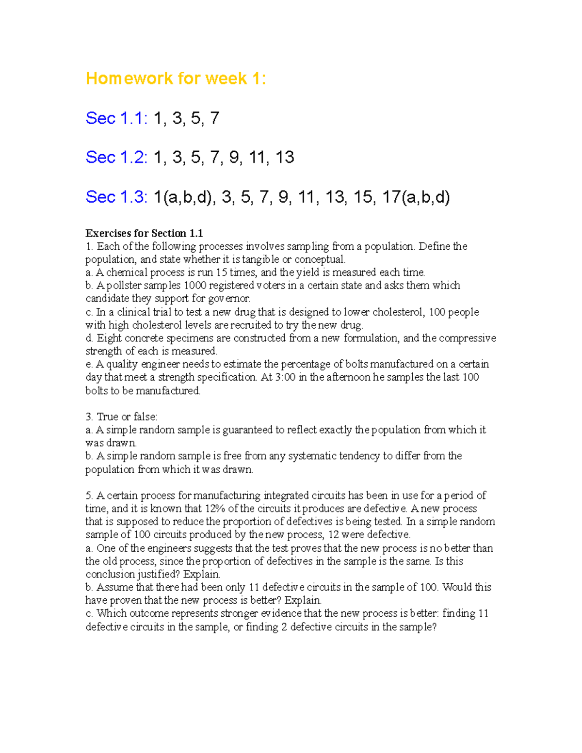 Homework 1 - Lecture Notes 1,2,3 - Homework For Week 1: Sec 1: 1, 3, 5 ...