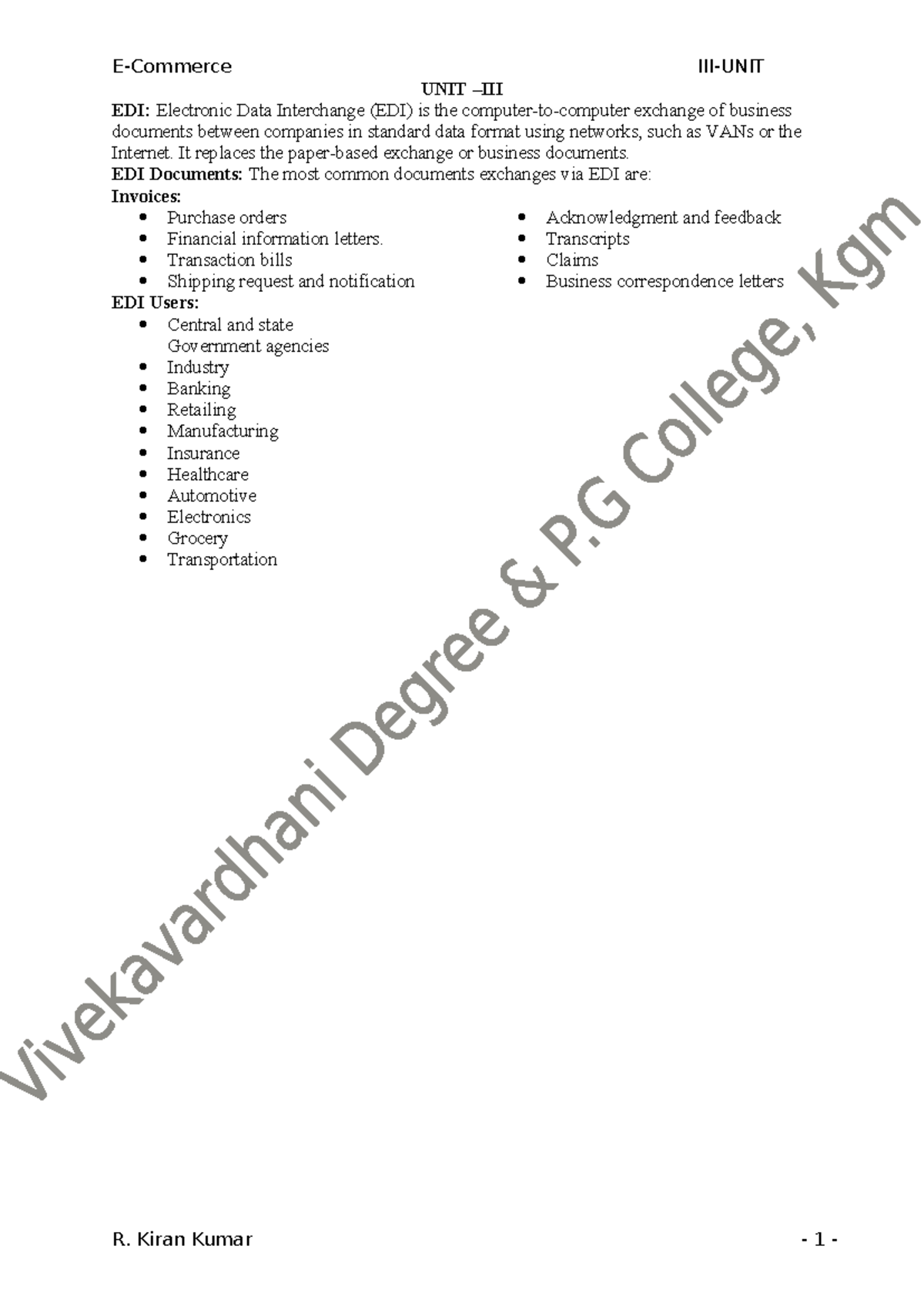 ECOM 3RD UNIT BCA - learning llthe notess - UNIT –III EDI: Electronic ...