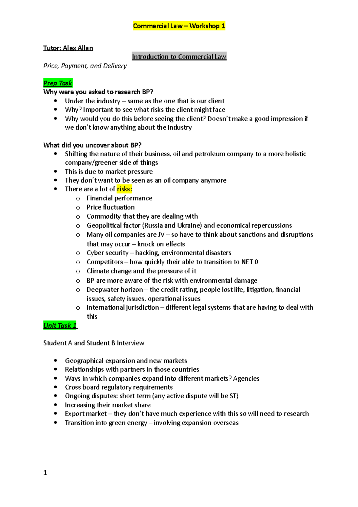 Com Law WS1 Notes - n/a - Commercial Law – Workshop 1 Tutor: Alex Allan ...