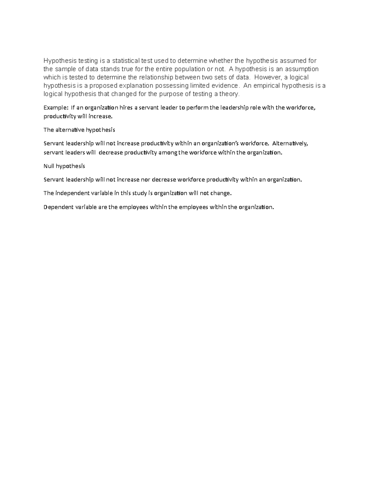 Assignment 6 - leadership - Hypothesis testing is a statistical test ...