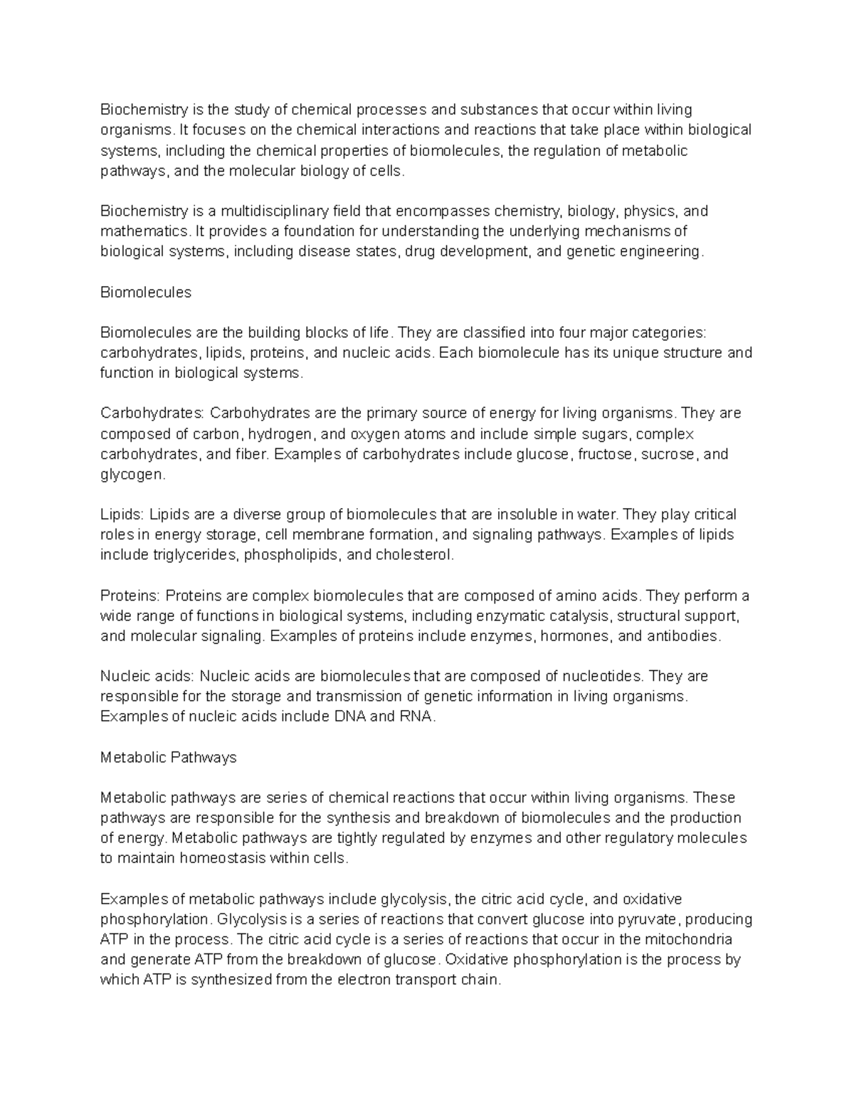 Biochemistry notes - Biochemistry is the study of chemical processes ...