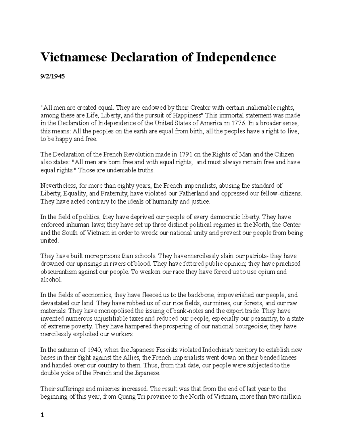 Vietnamese Declaration of Independence Vietnamese Declaration of