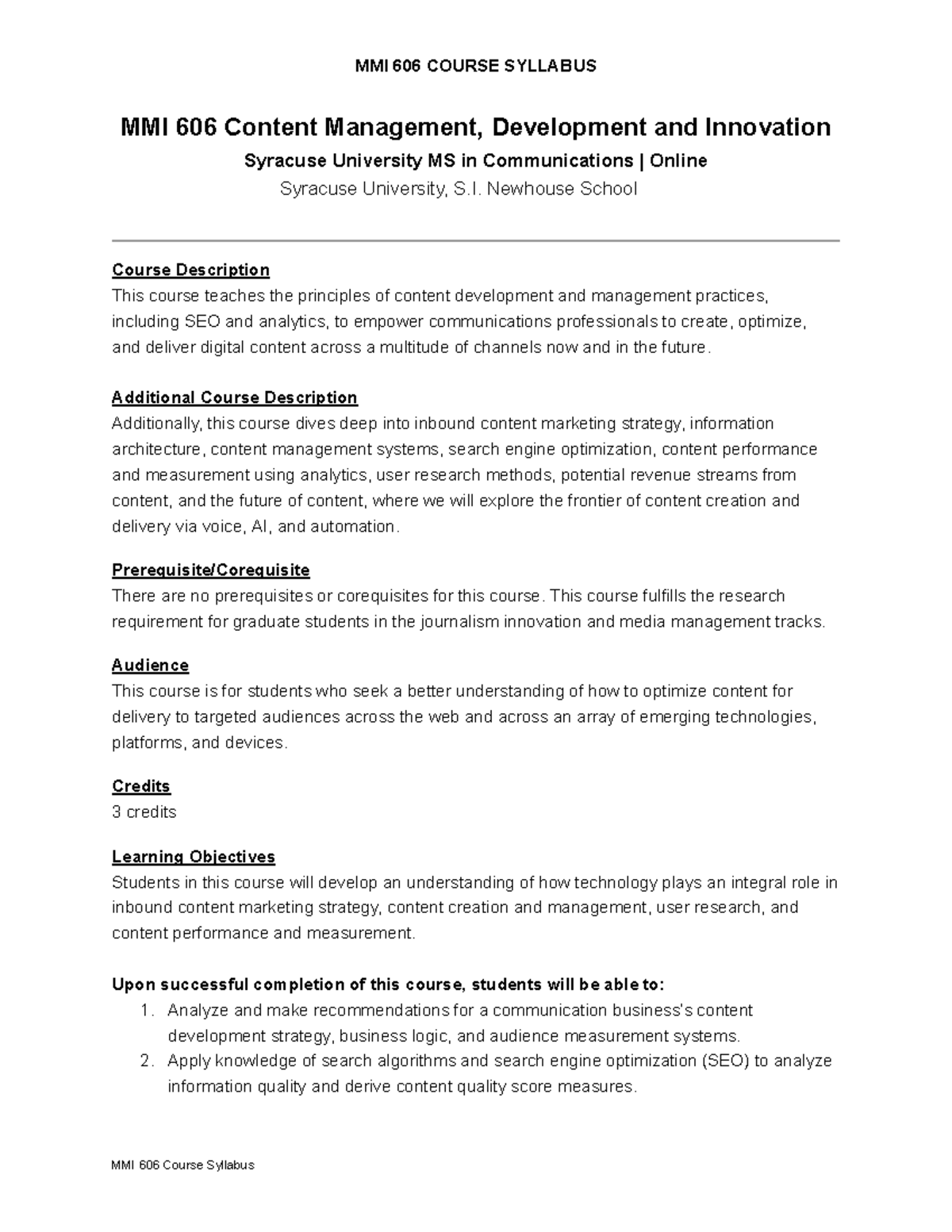 MMI 606 Syllabus - Content management - MMI 606 Content Management ...