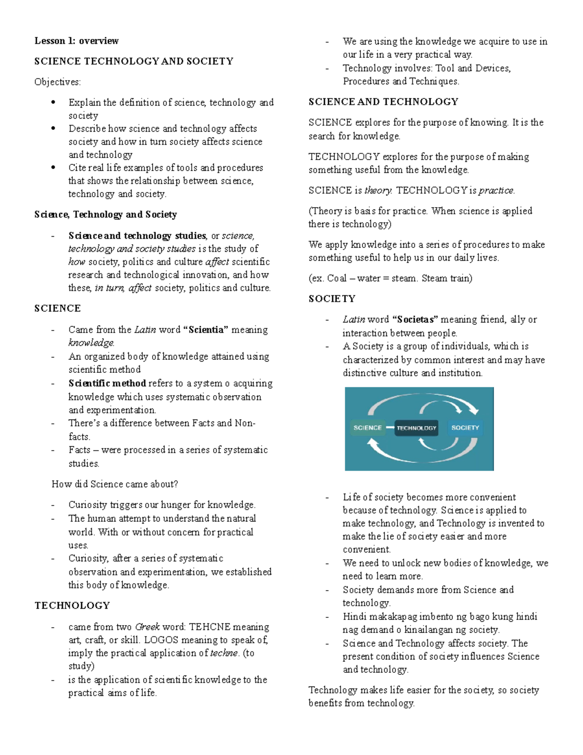 Science Technology And Society Lesson 1 Overview SCIENCE TECHNOLOGY 