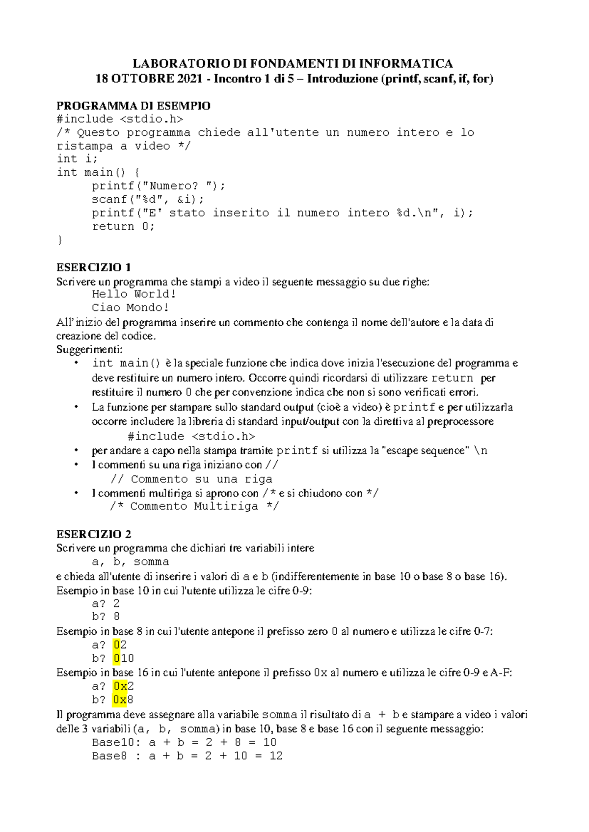 04 Laboratorio 01-esercizi - LABORATORIO DI FONDAMENTI DI INFORMATICA ...