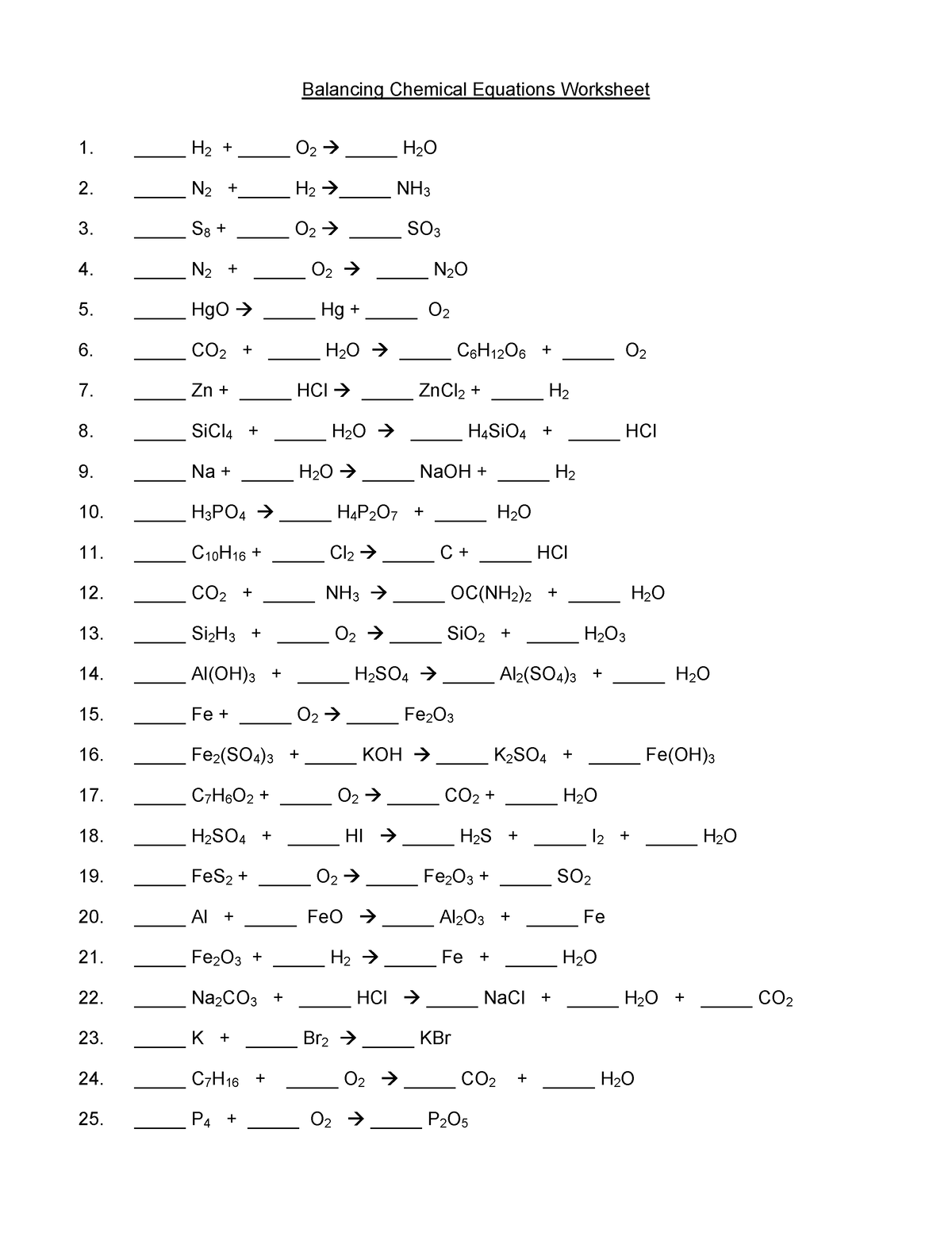 Worksheet Balancing Chemical Eqns Balancing Chemical Equations Worksheet H 2 O 2 5234