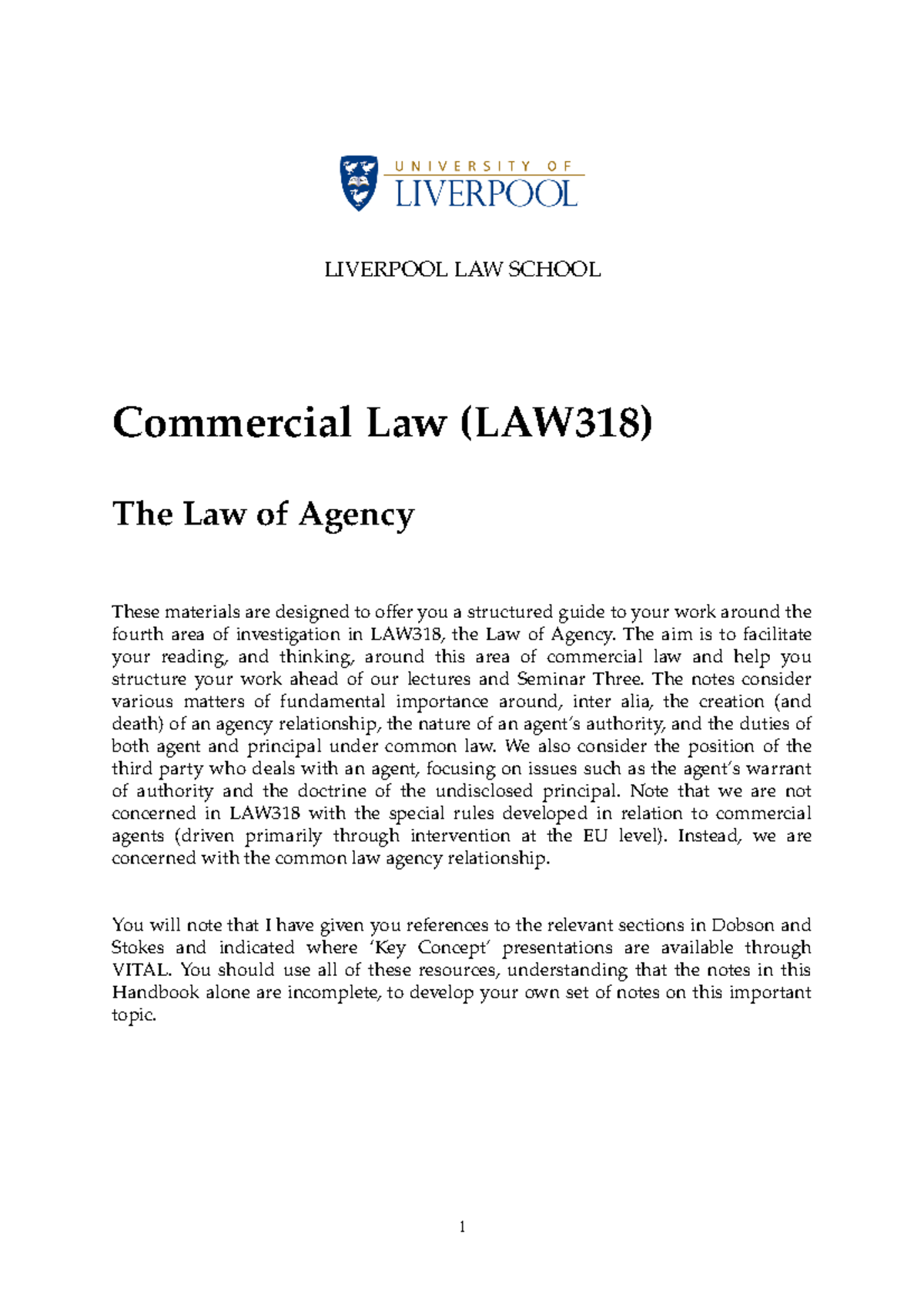 The Law of Agency Lecture notes 5 LIVERPOOL LAW SCHOOL Commercial