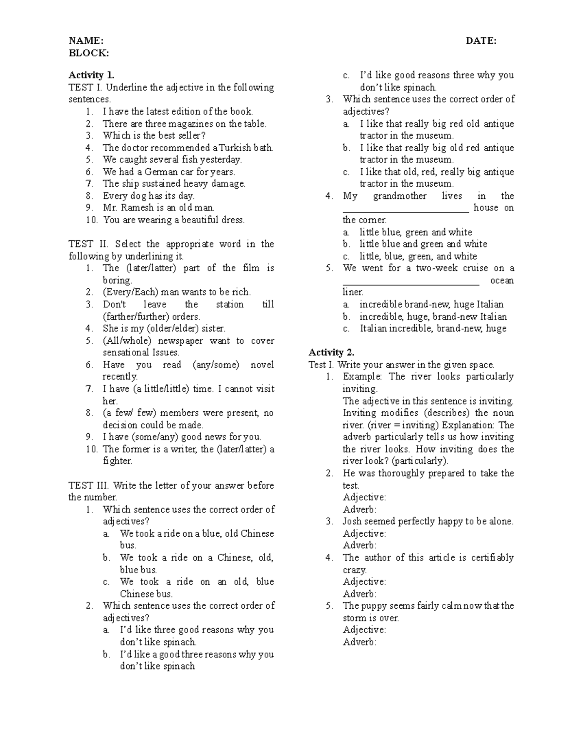 Adjectives And Adverb Quiz Name Date Block Activity 1 Test I Underline The Adjective In 6882