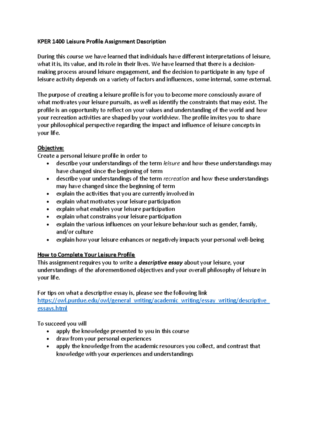 Leisure Profile Assignment Description UM Winter 2024 - KPER 1400 ...