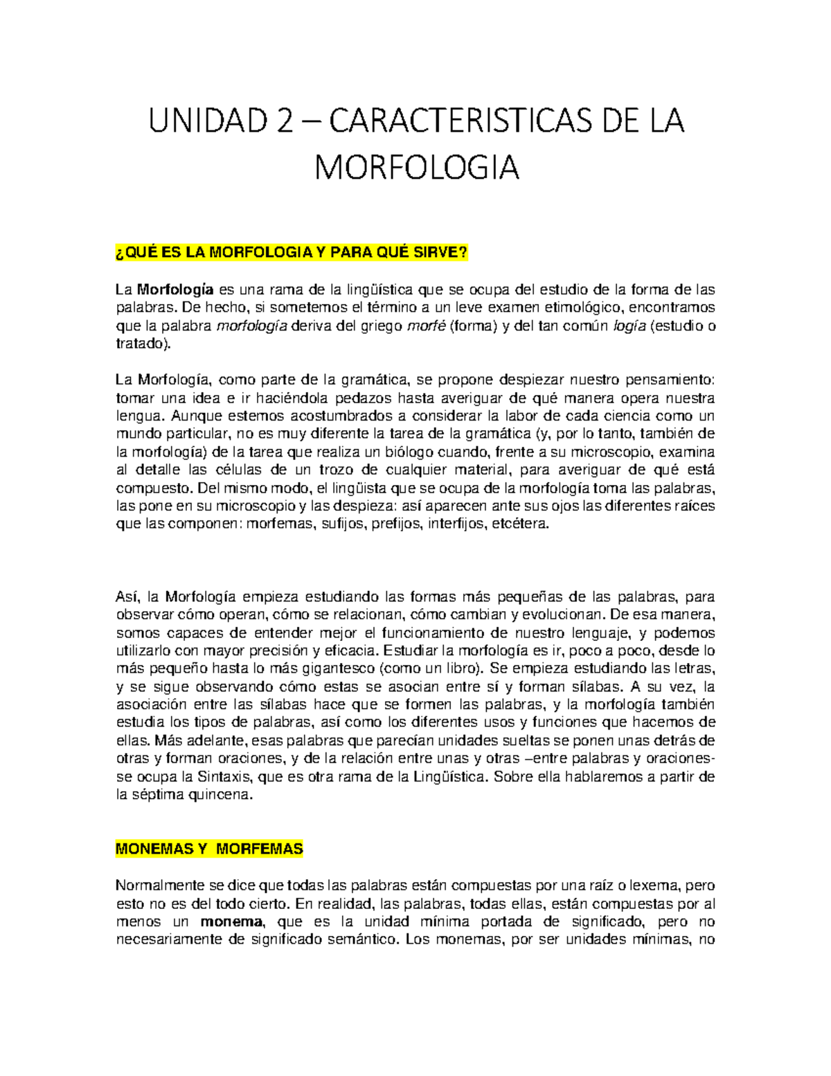 Caracteristicas DE LA Morfologia - UNIDAD 2 – CARACTERISTICAS DE LA ...