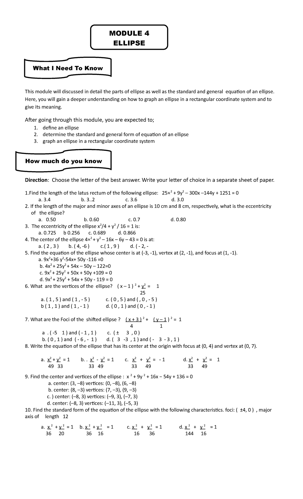 Module-4-ellipse - Pre-calculus - This module will discussed in detail ...