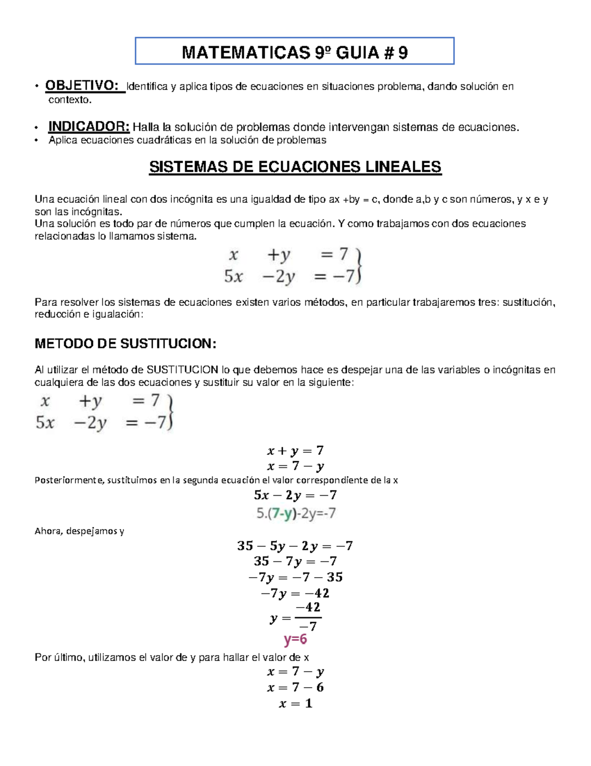 A9 Matematicas 9 Sistema DE Ecuaciones Lineales - • OBJETIVO ...