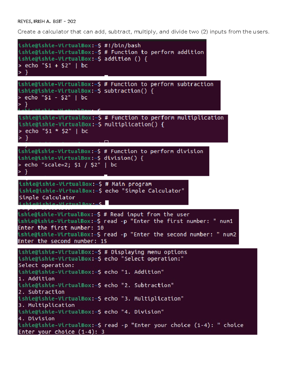 Simple Calculator Linux - Information Technology - REYES, IRISH A. BSIT ...