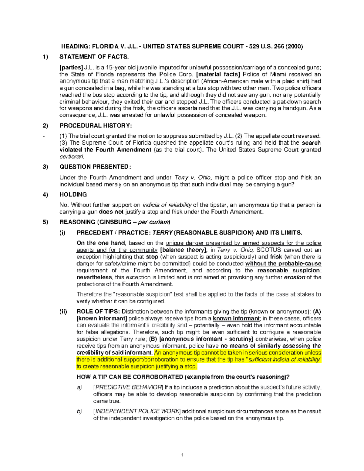 Case brief Crim. proc. Florida v. JL - stop and frisk - 1 HEADING ...