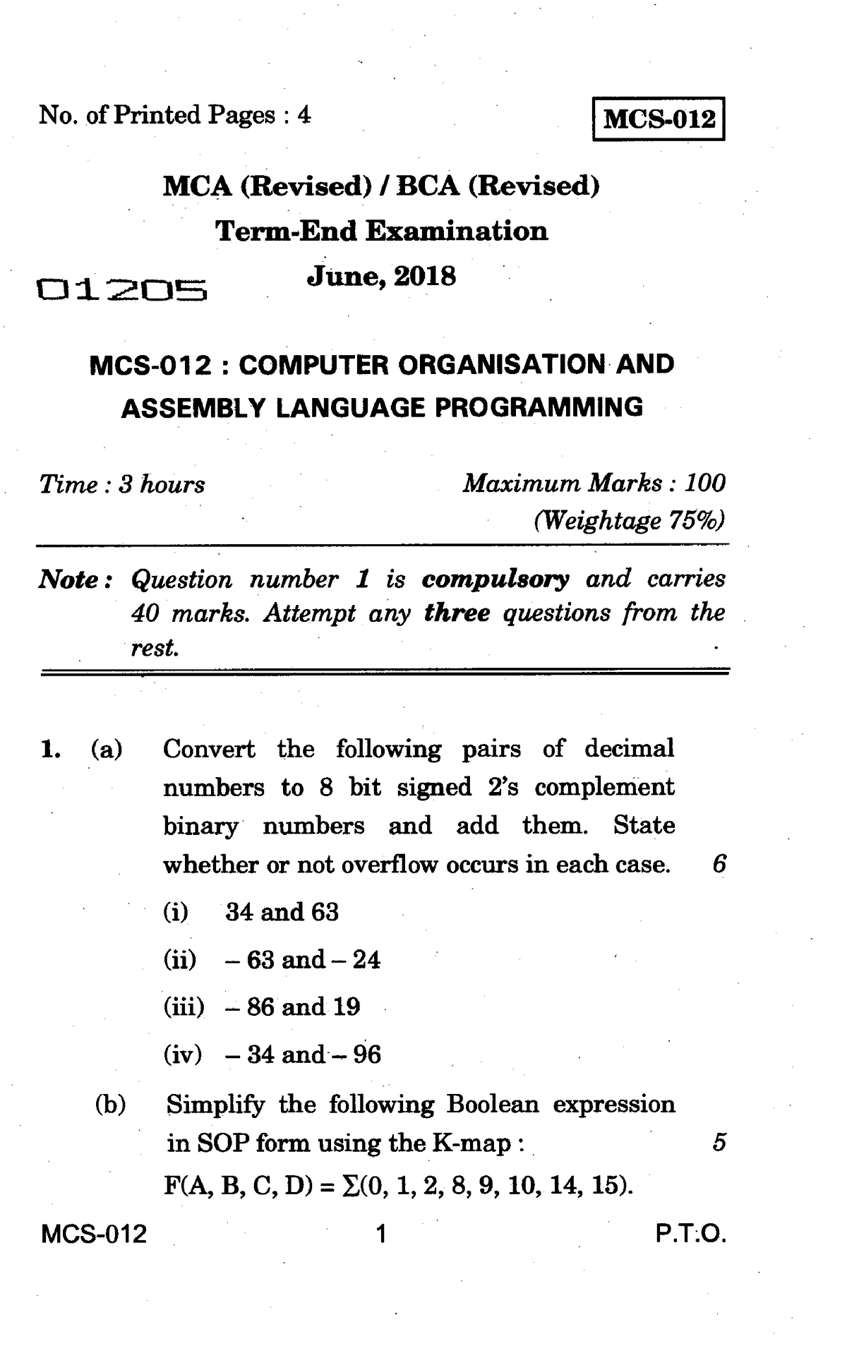 18 JUN - PREVIOUS YEAR QUESTION PAPER - No. Of Printed Pages : 4 MCS ...