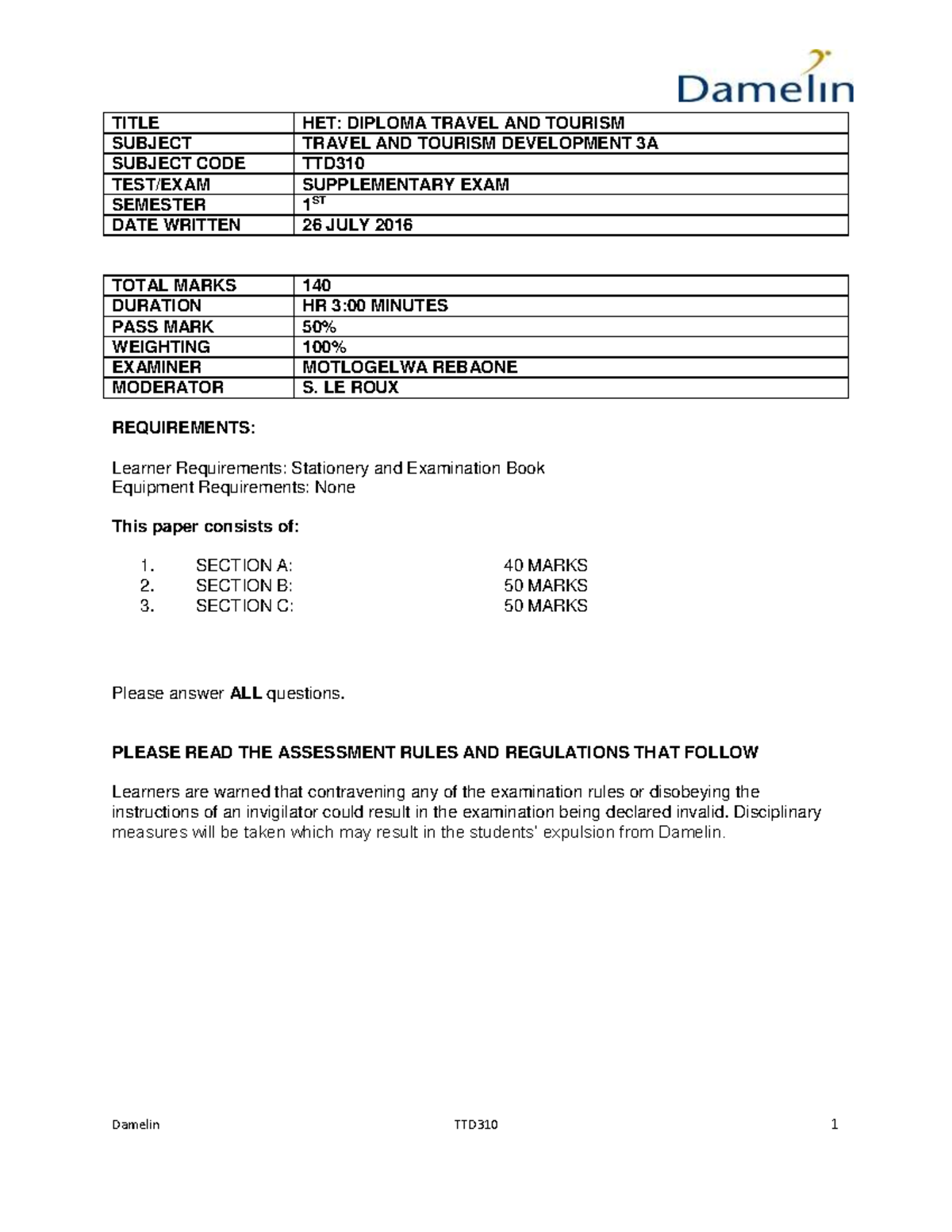 Travel Development 3 Supp Exam Damelin TTD310 1 TITLE HET DIPLOMA