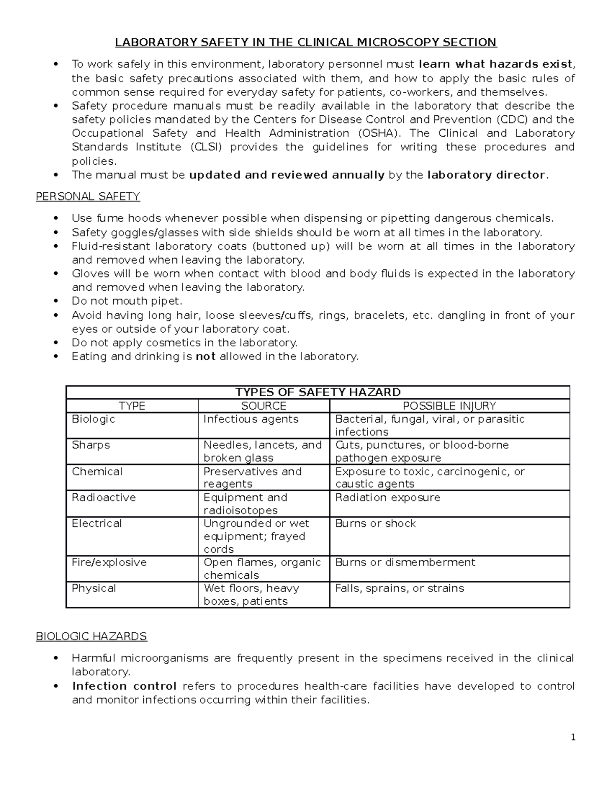 Laboratory Safety Lecture notes 1 LABORATORY SAFETY IN THE CLINICAL
