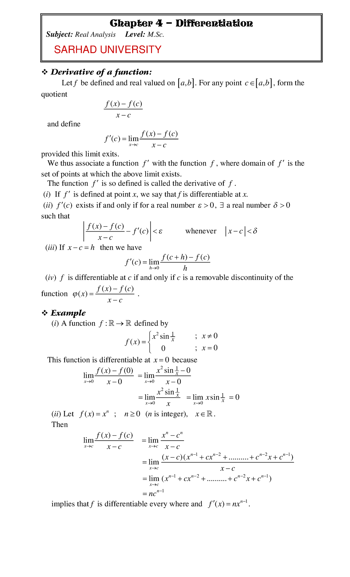 Chap 04 REAL Analysis(Mathematics) '' Differentiation (Derivative Of A ...