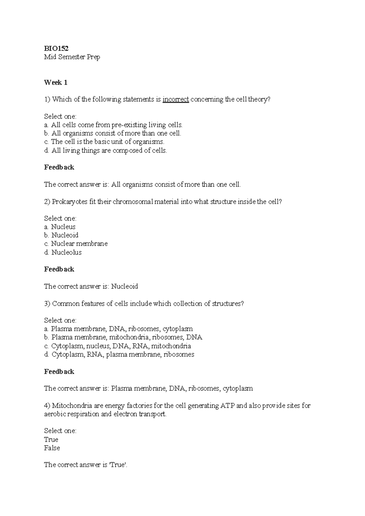 Mid Semester Exam Prep - Lecture Quiz Questions/Answers - BIO Mid ...