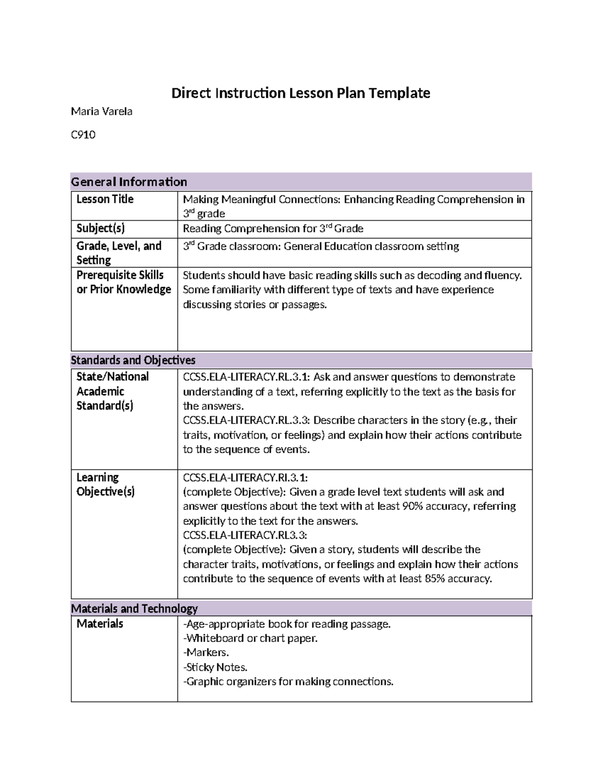 Updated lesson plan reading - Direct Instruction Lesson Plan Template ...