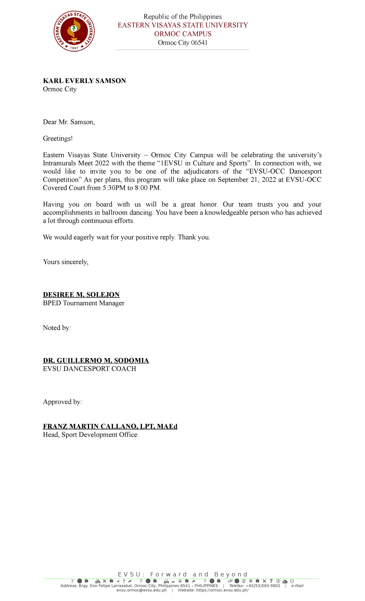 Dancesport Adjudicator Invitation Letter Eastern Visayas State University Ormoc Campus Ormoc