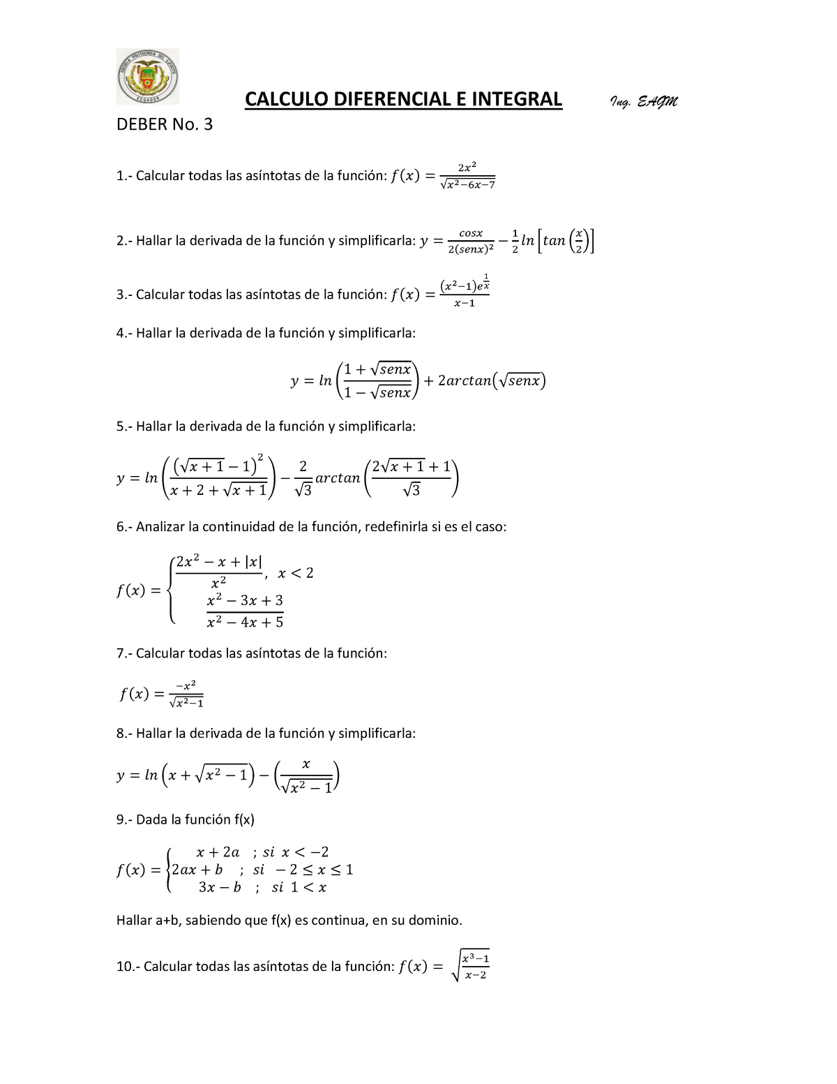 Ejercicios Calculo Diferencial Calculo Diferencial E Integral Ing Eagm Deber No Calcular