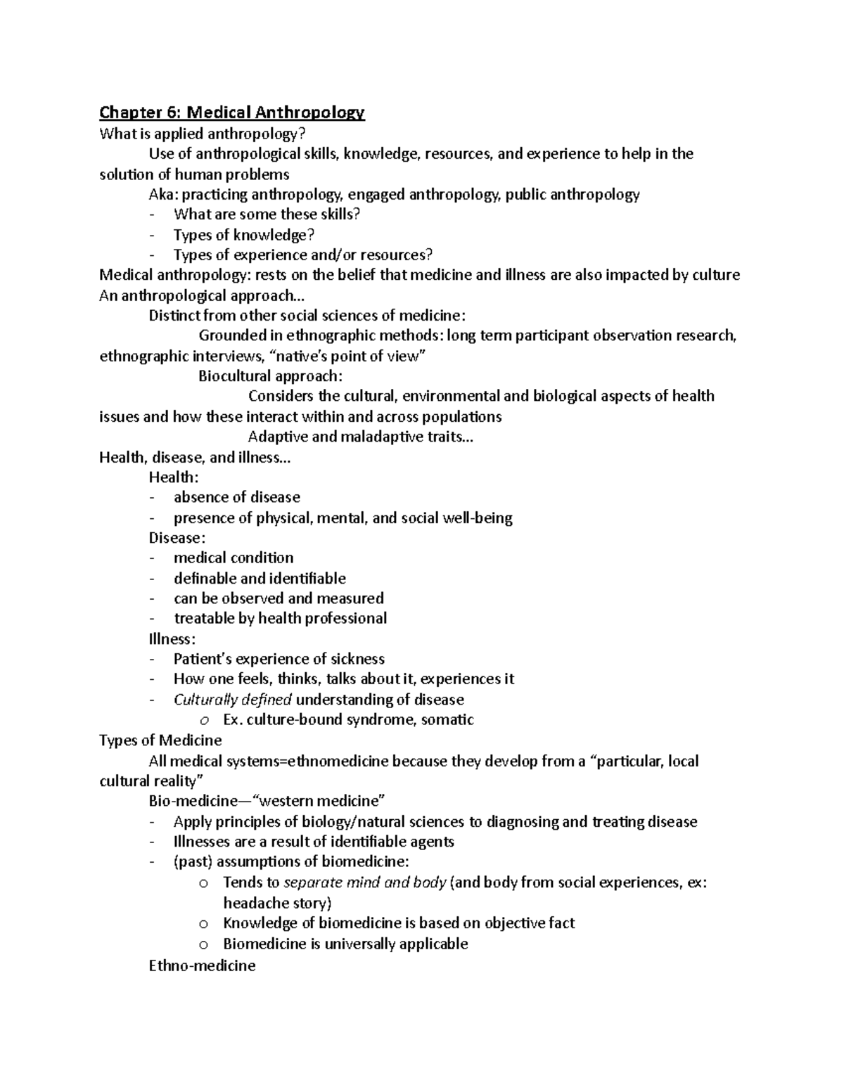 Anthropology exam 2 exam prep Chapter 6 Medical Anthropology What