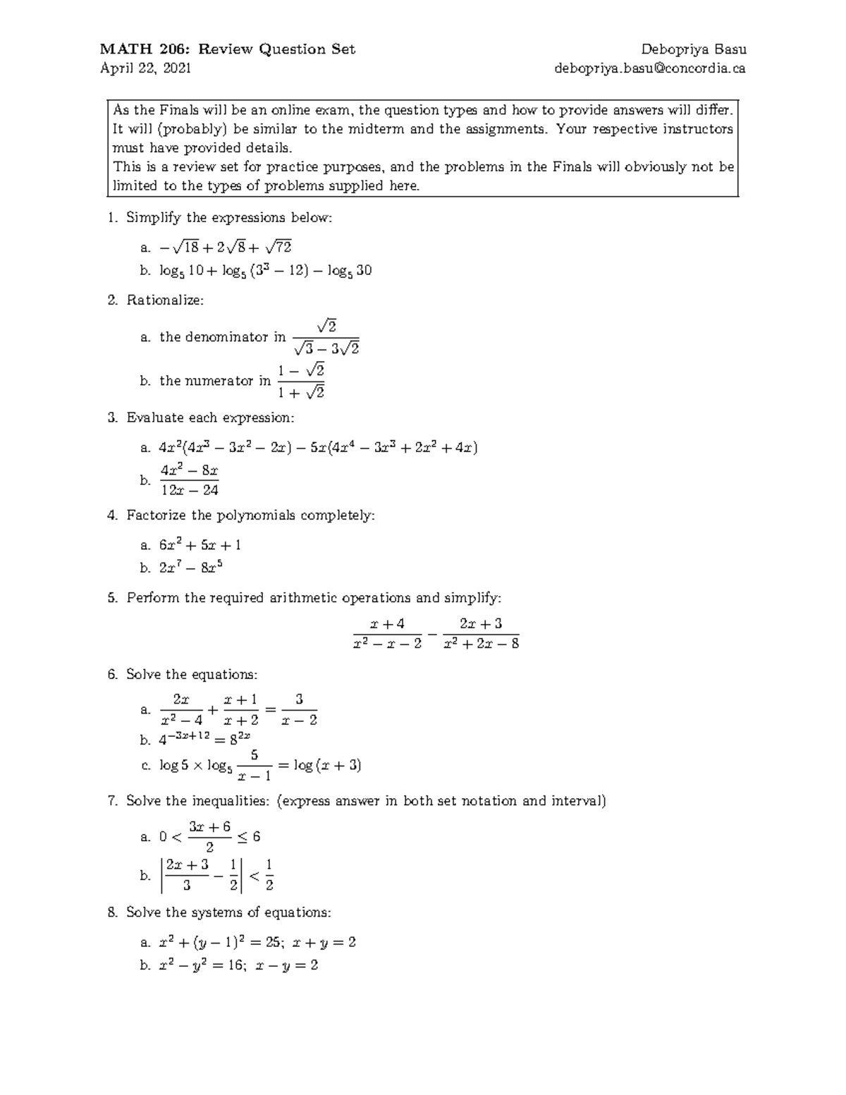 MATH 206 Review Problems Set - MATH 206: Review Question Set April 22 ...