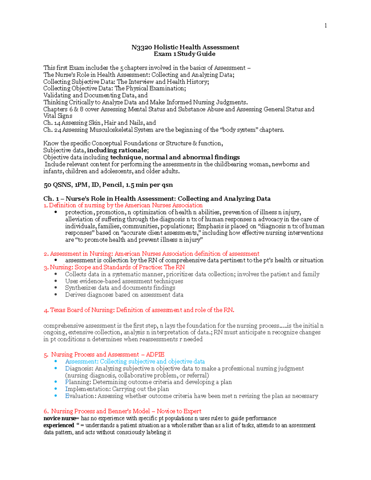 FA19 Exam 1 Study Guide - N3320 Holistic Health Assessment Exam 1 Study ...