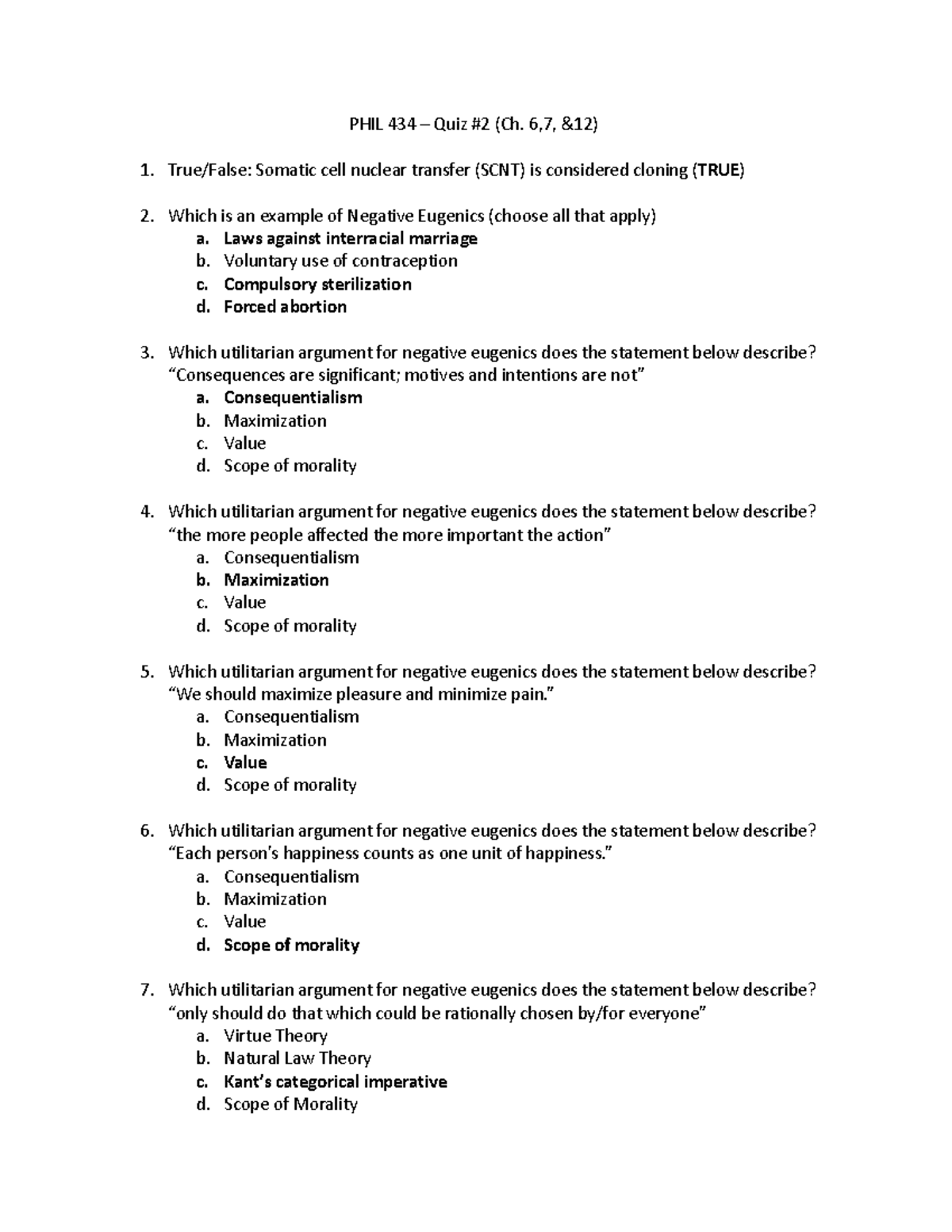 PHIL 434 QUIZ #2 - Quiz #2 - PHIL 434 – Quiz #2 (Ch. 6,7, &12) True ...