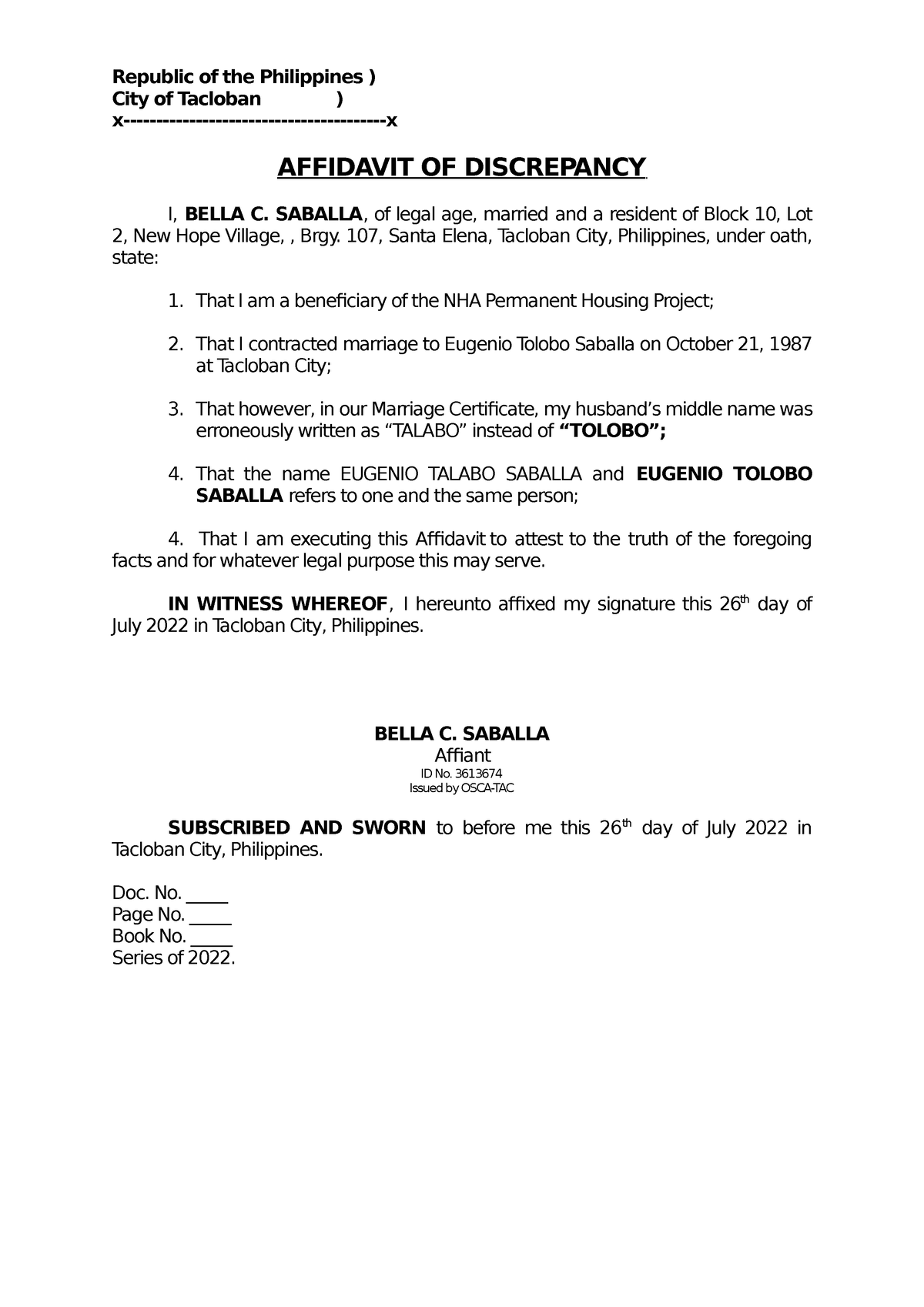 Affidavit of discrepancy (pabahay of bella saballa at santa elena 107 ...