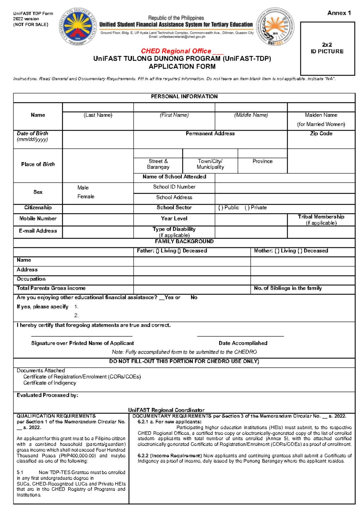Pdfcoffee.com tdp-application-form-pdf-free - UniFAST TDP Form Annex 1 ...