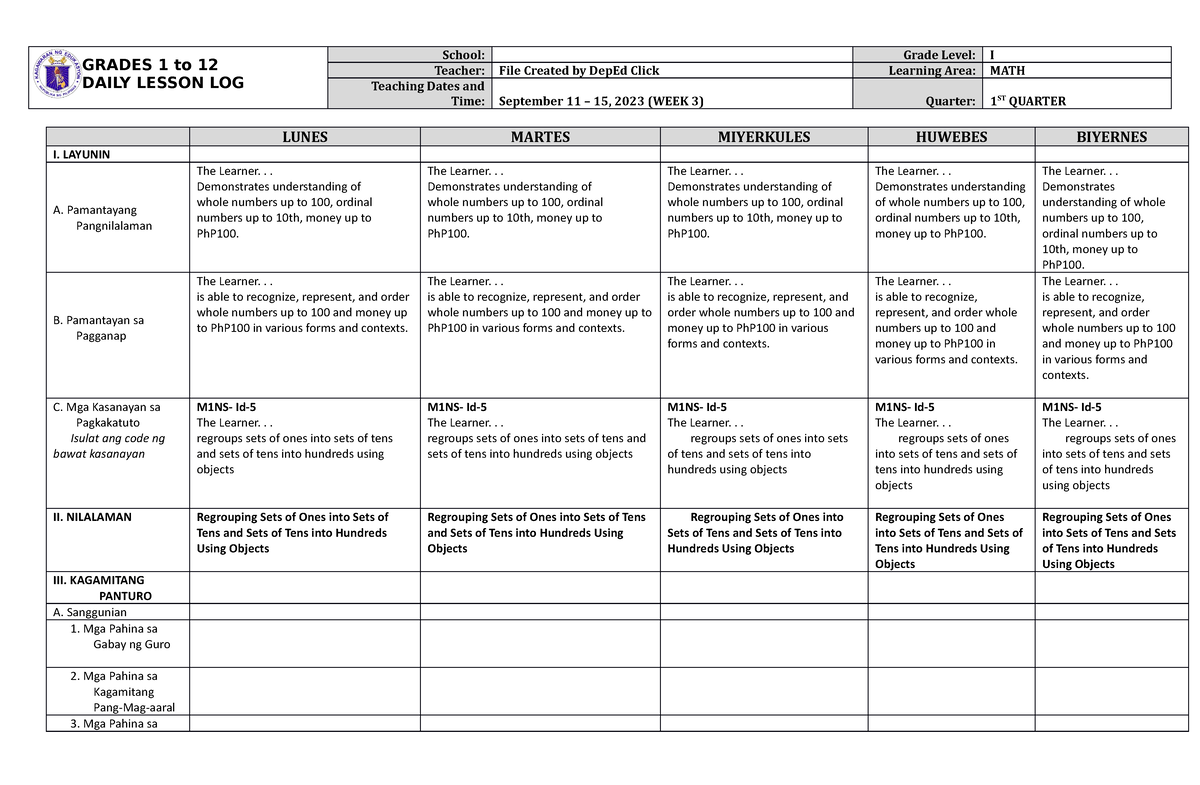 DLL MATH 1 Q1 W3 - adssdasdaasdsad - GRADES 1 to 12 DAILY LESSON LOG ...