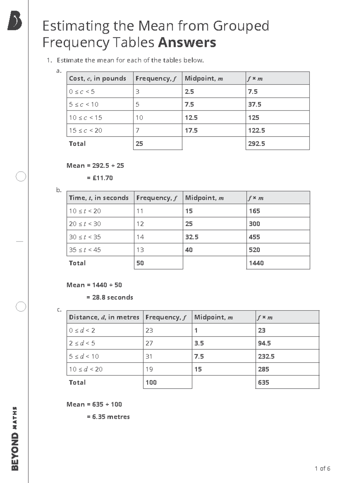 Estimating the Mean from Grouped Frequency Tables (Answers) - Estimate ...