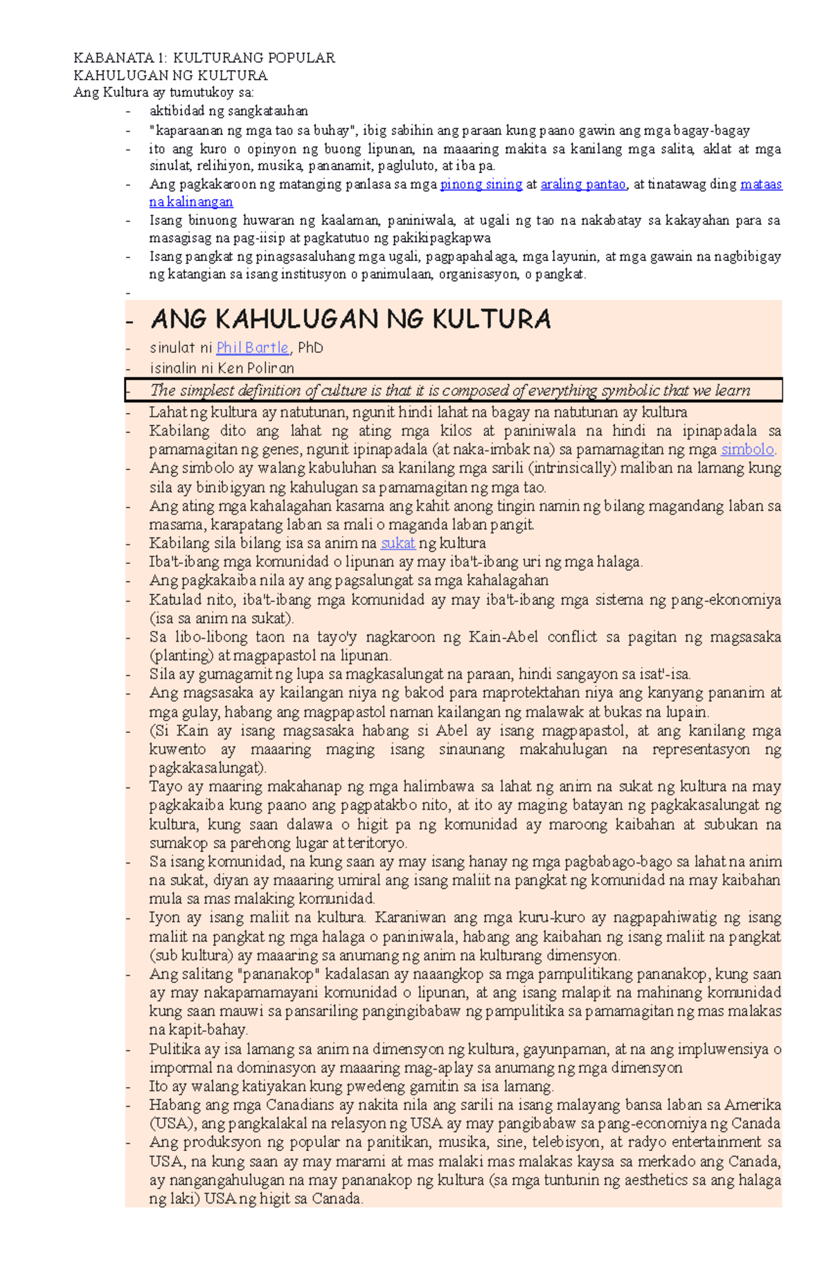 Kulturang Popular KABANATA 1 KULTURANG POPULAR KAHULUGAN NG