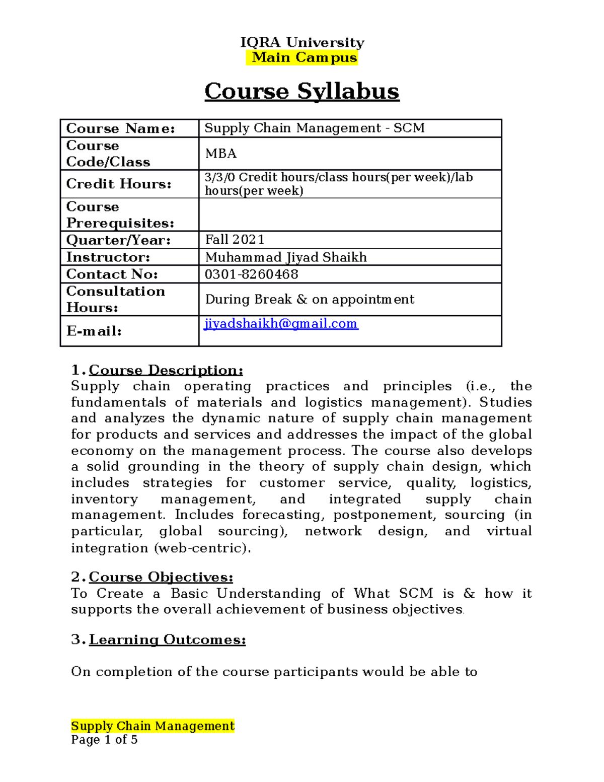 Course Outline SCM - Main Campus Course Syllabus Course Name: Supply ...