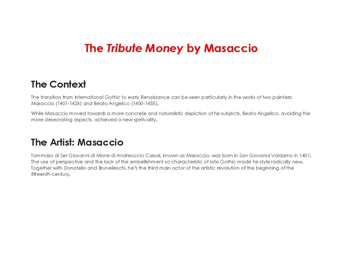 The Tribute Money By Masaccio - While Masaccio Moved Towards A More ...