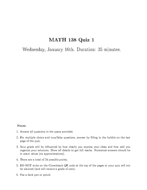 Practice Quiz 1 Solution - MATH 138 Quiz 1 Wednesday, January 16th ...