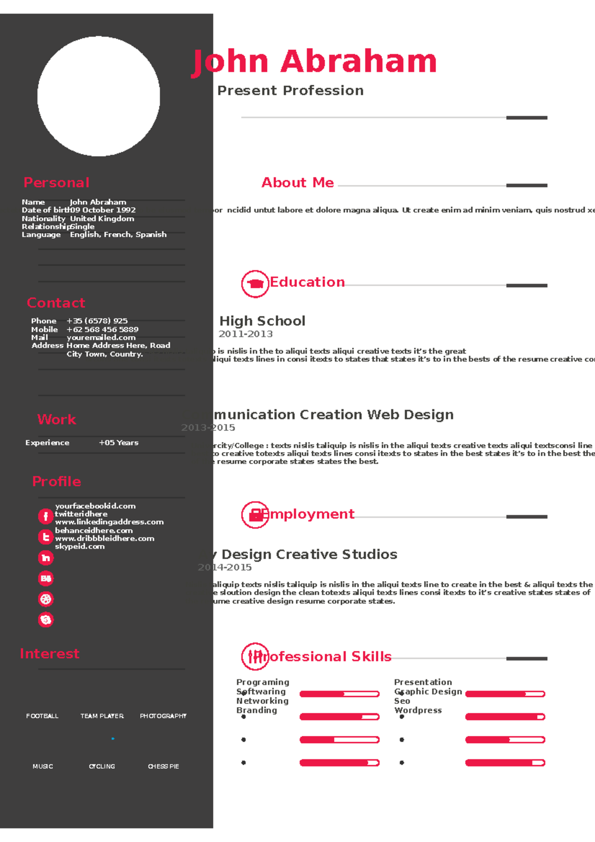 01 Professional Clean Resume - John Abraham Present Profession sectetur ...