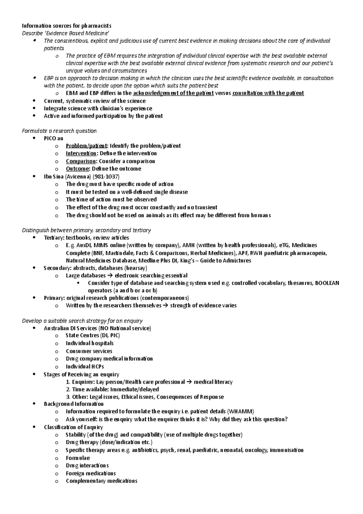 Phar1821 - Notes - Information sources for pharmacists Describe ...