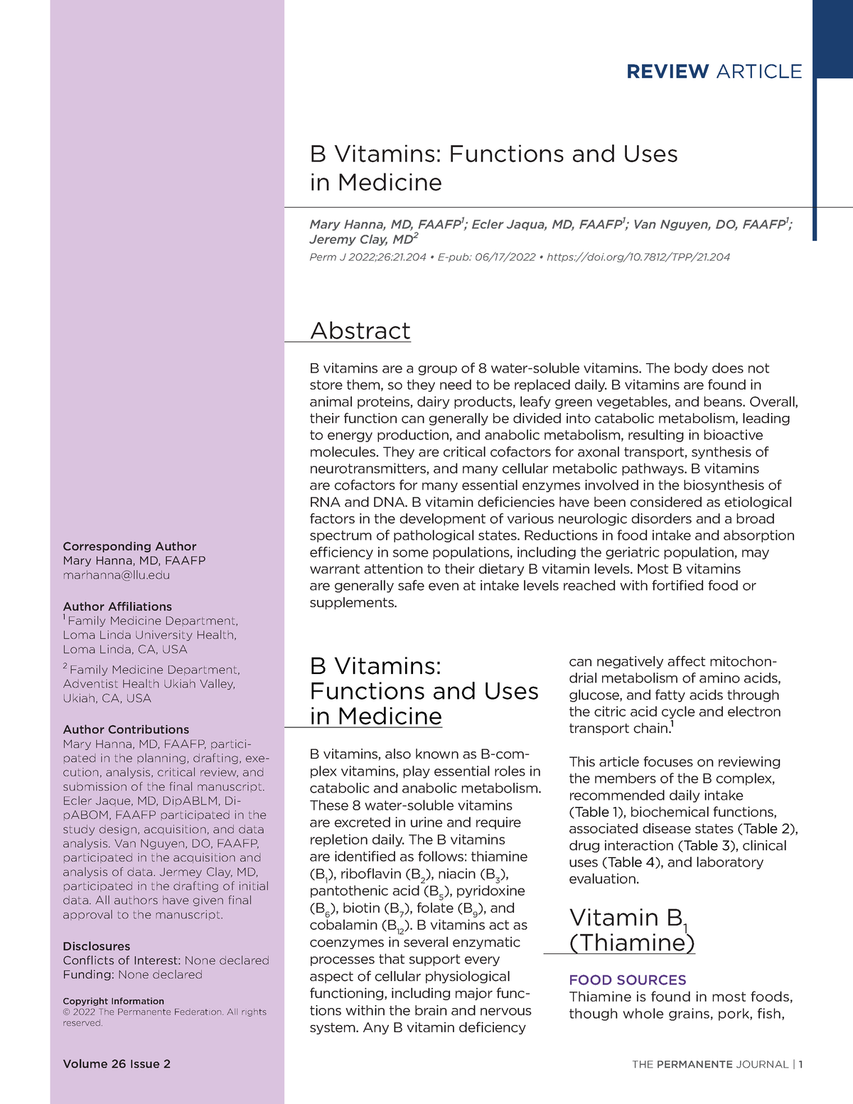 B Vitamins Article - THE PERMANENTE JOURNAL | 1 B Vitamins: Functions ...