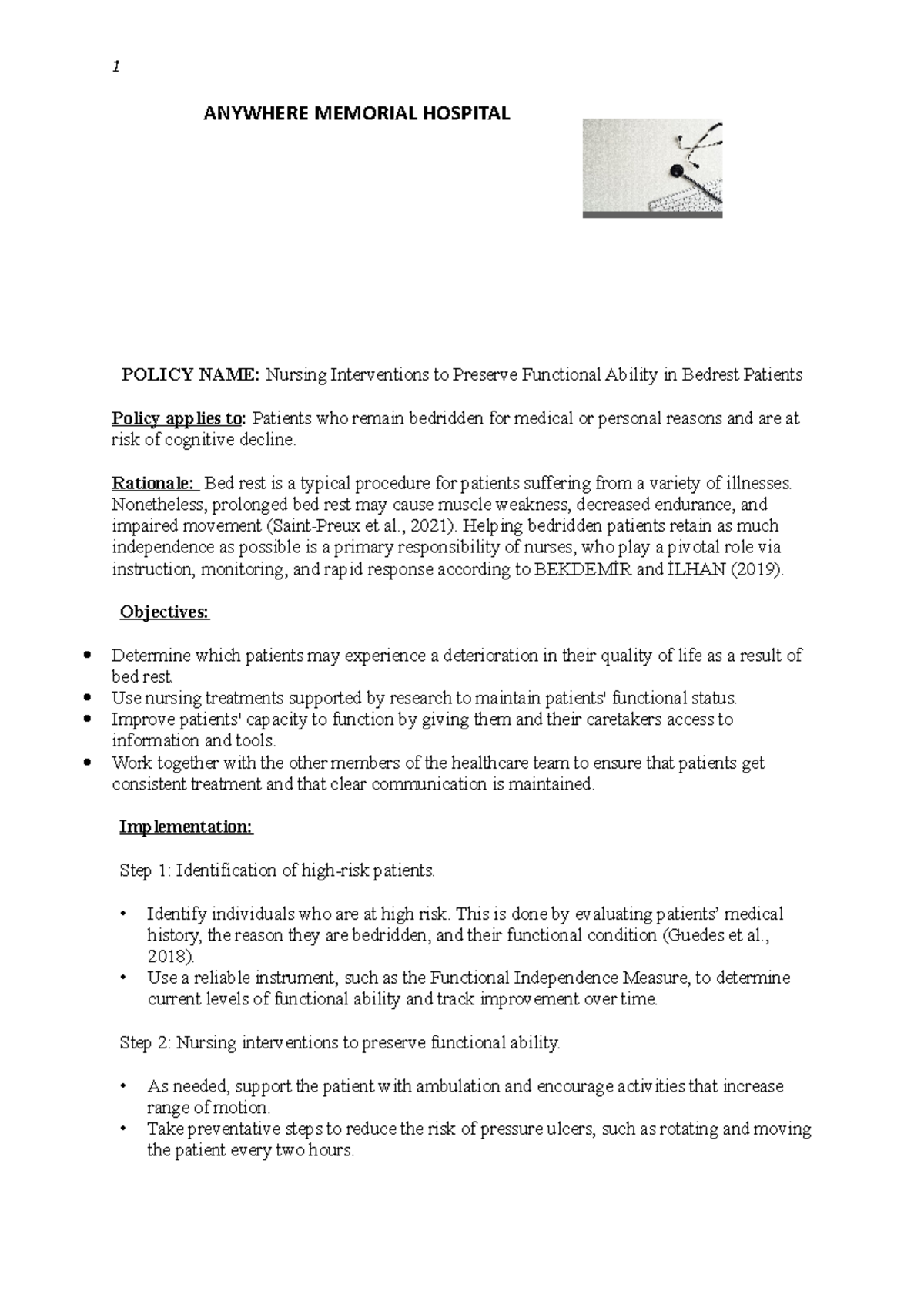 Policy paper assignment ANYWHERE MEMORIAL HOSPITAL POLICY NAME